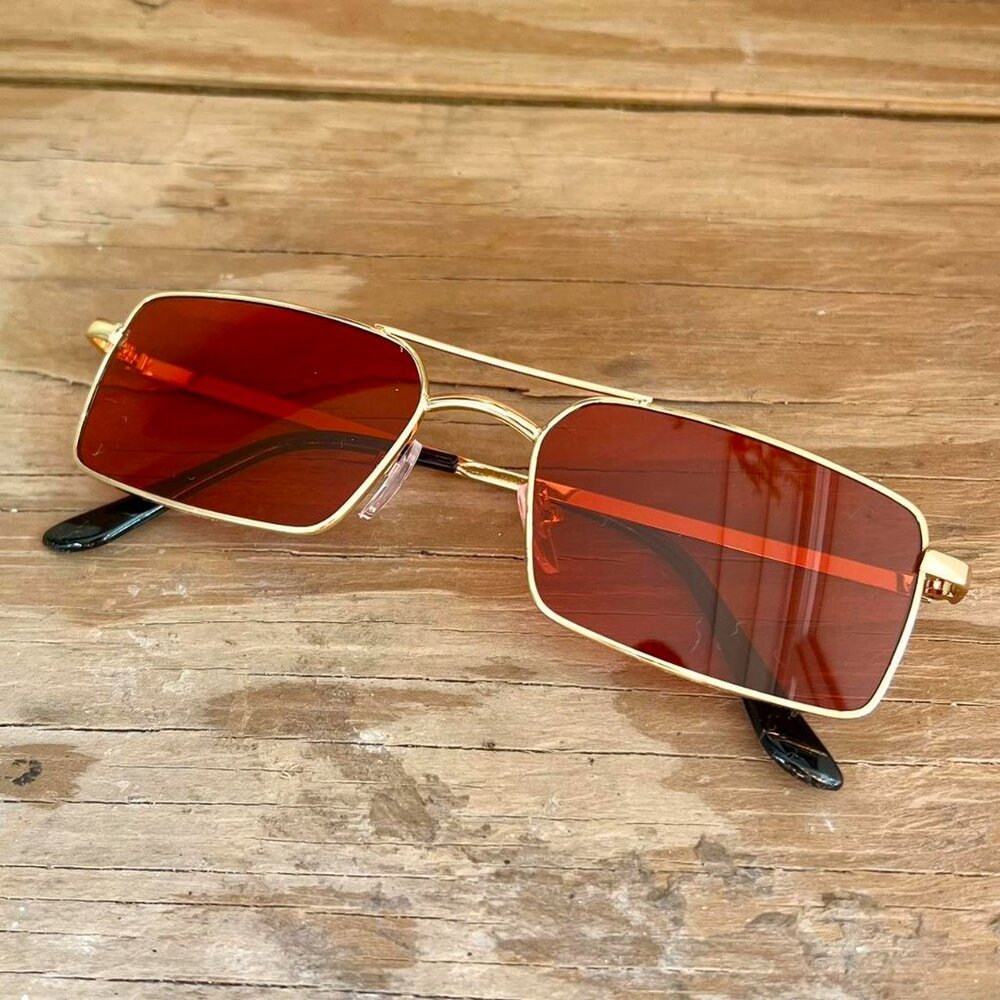 y2k style red classy sporty slim gold trim red lens sunglasses - Picture 2 of 7